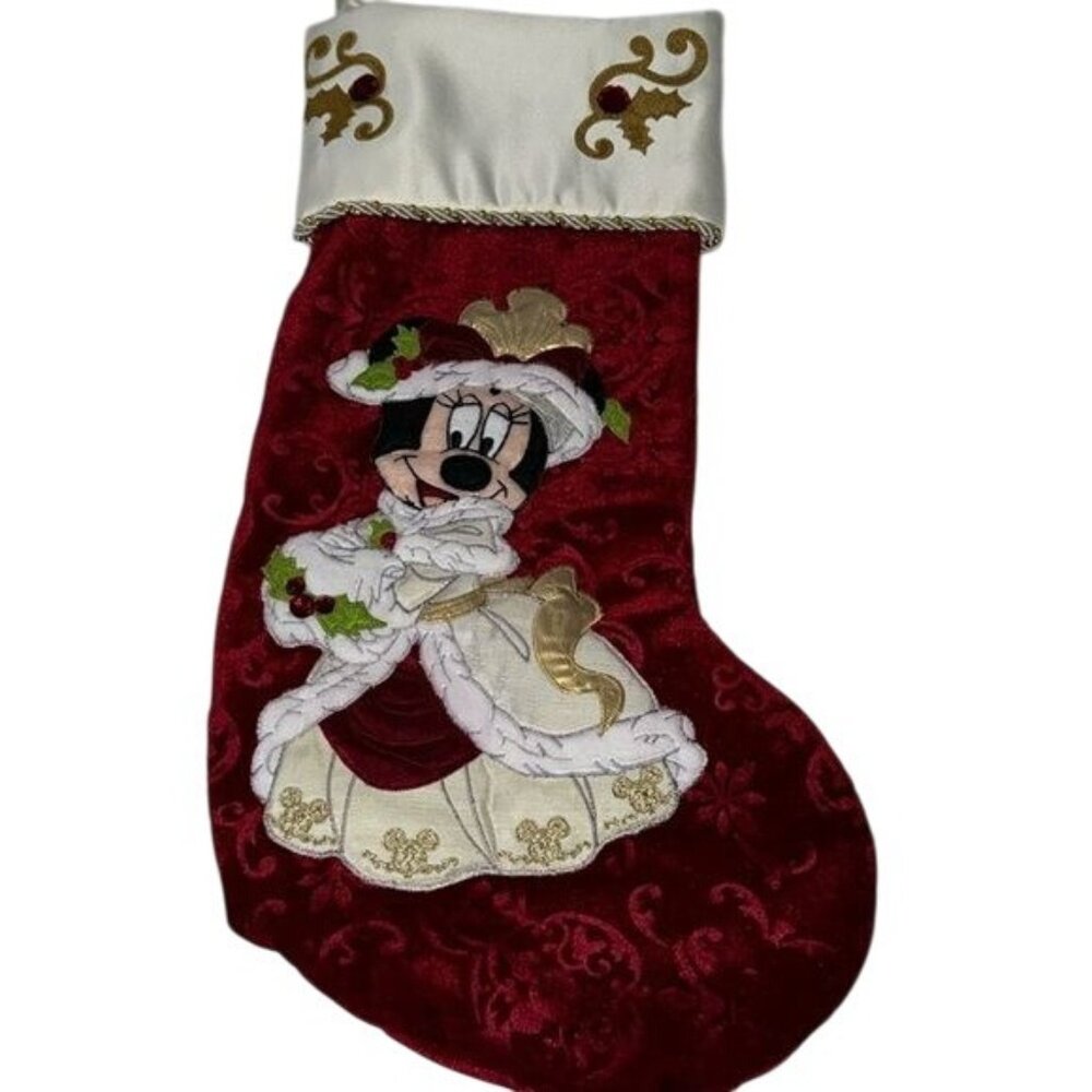 Disney Minnie Mouse Red & Gold Christmas Stocking 19" Satin & Velvet Holiday Dec